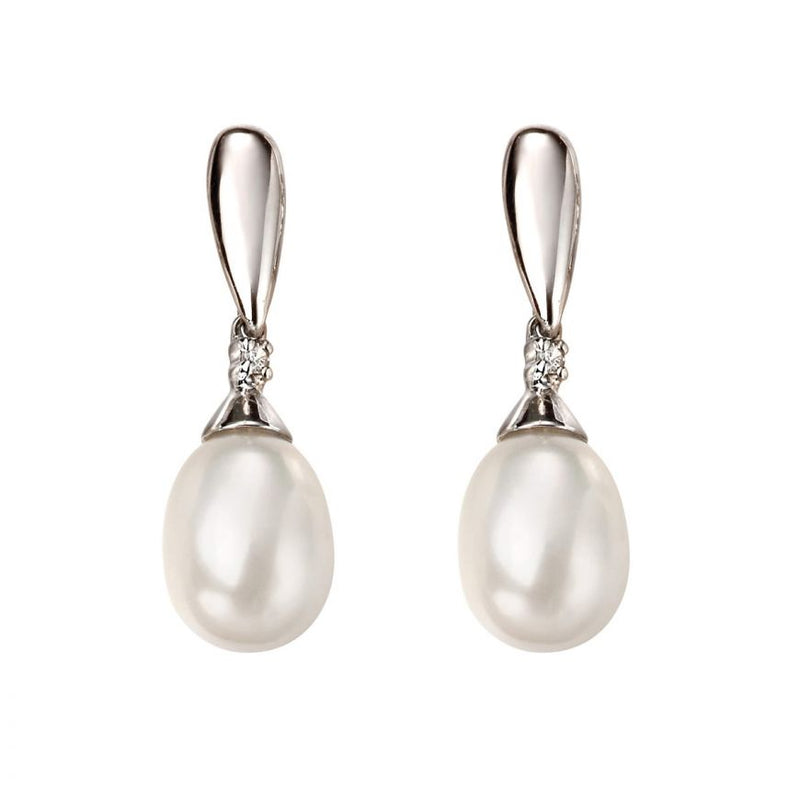 9ct White Gold Diamond and Pearl Drop Earrings