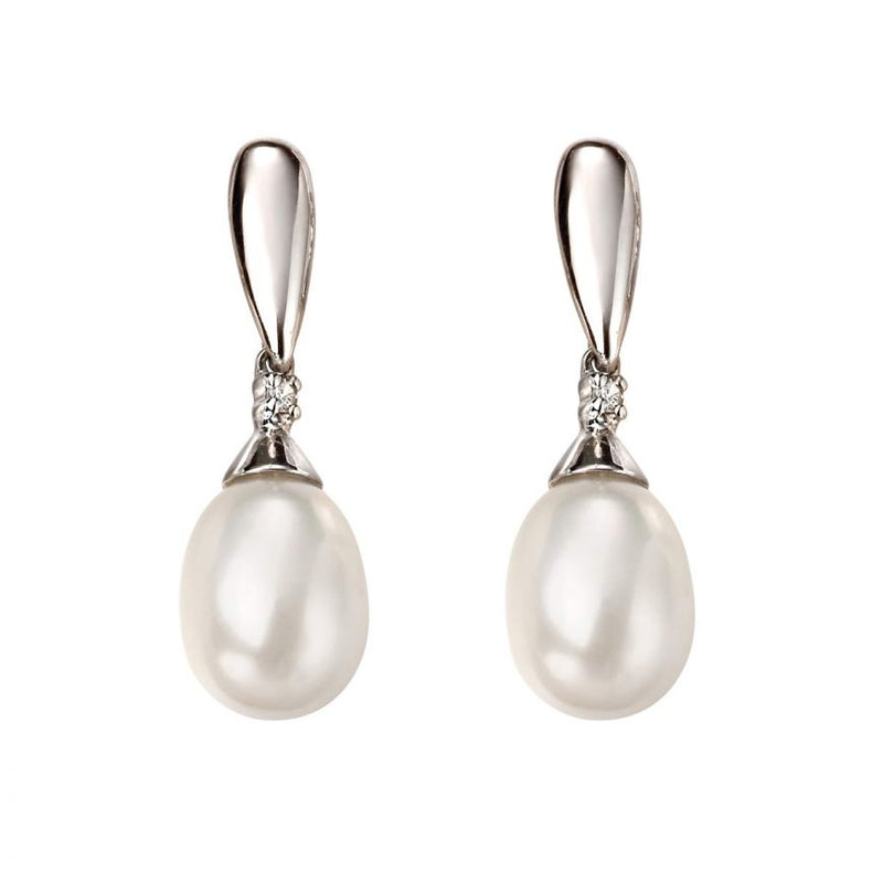 9ct White Gold 0.02ct Diamond and Pearl Drop Earrings