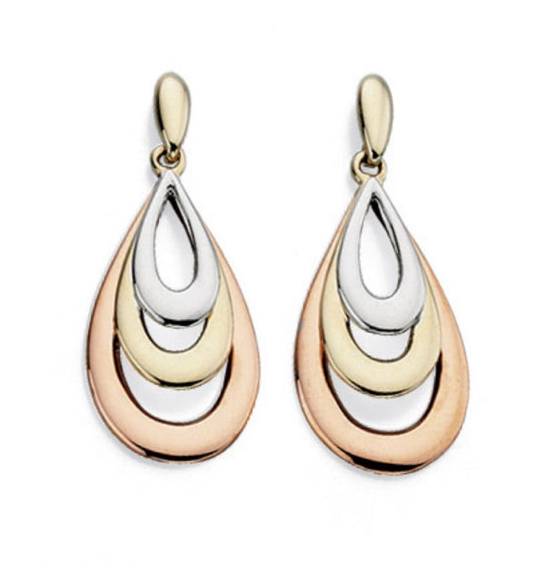 9ct Three Tone Gold Tear Drop Earrings