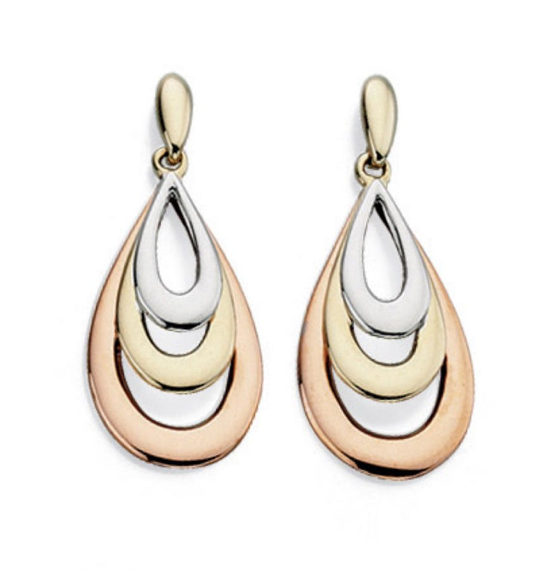 9ct Three Tone Gold Tear Drop Earrings