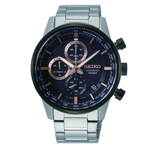 Seiko Quartz Chronograph SIlver Steel Black Dial 42mm Mens Watch SSB331P1