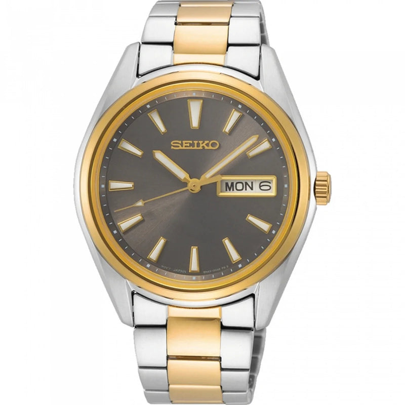 Seiko Quartz 2 Tone 36mm Grey Dial Mens Watch SUR348P1